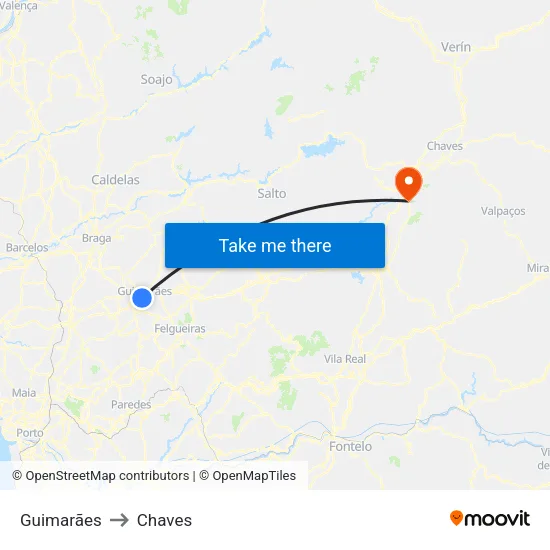 Guimarães to Chaves map