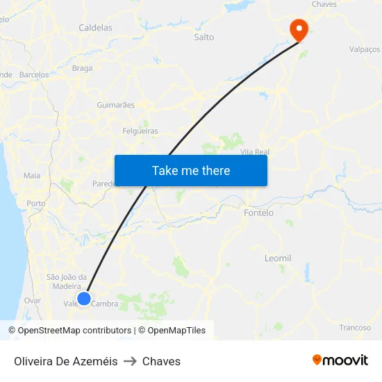 Oliveira De Azeméis to Chaves map