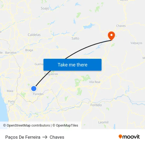 Paços De Ferreira to Chaves map