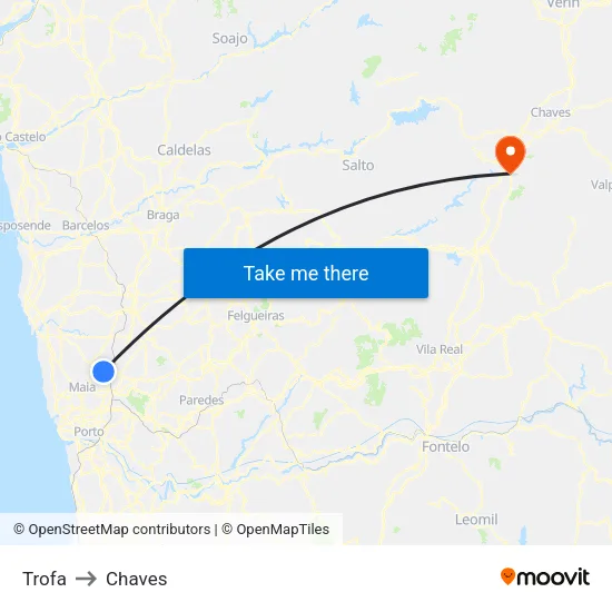 Trofa to Chaves map