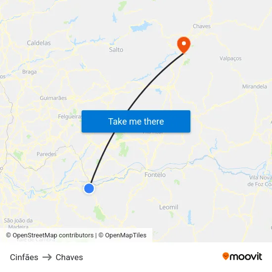 Cinfães to Chaves map