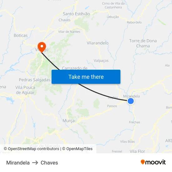Mirandela to Chaves map