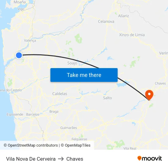 Vila Nova De Cerveira to Chaves map