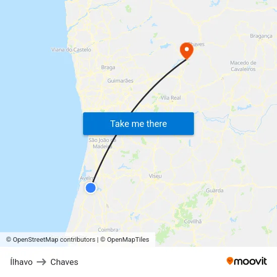 Ílhavo to Chaves map