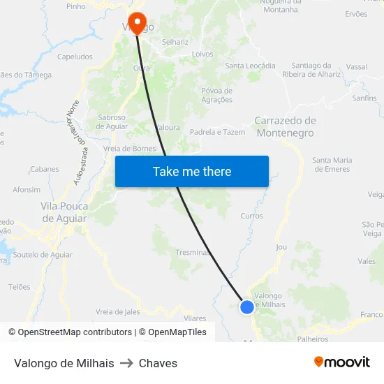 Valongo de Milhais to Chaves map