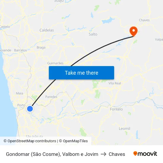Gondomar (São Cosme), Valbom e Jovim to Chaves map