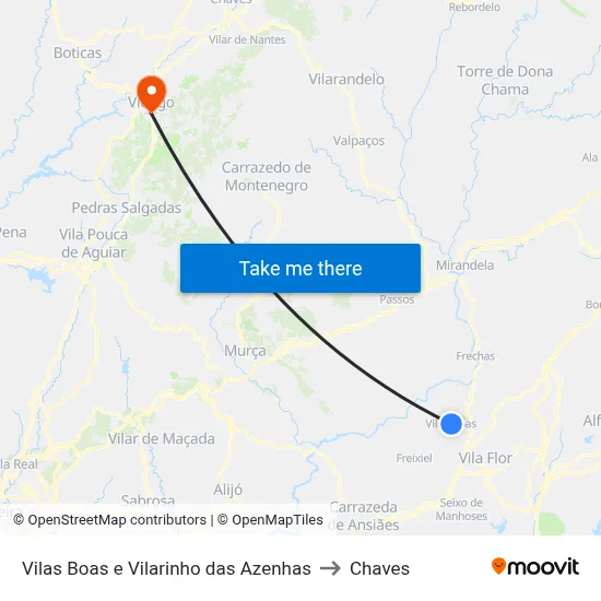 Vilas Boas e Vilarinho das Azenhas to Chaves map