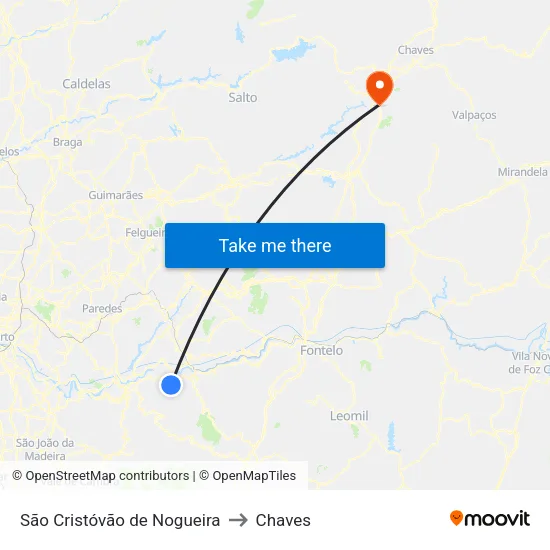 São Cristóvão de Nogueira to Chaves map