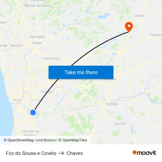 Foz do Sousa e Covelo to Chaves map