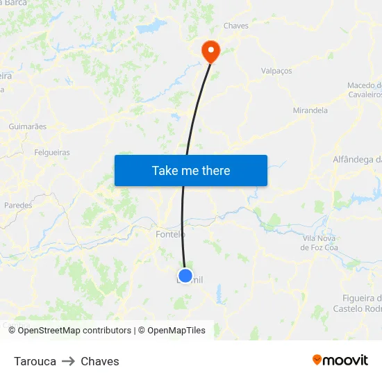 Tarouca to Chaves map