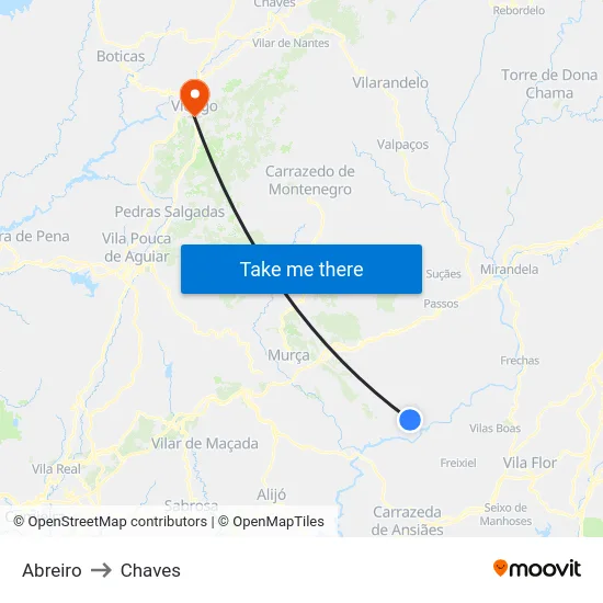 Abreiro to Chaves map