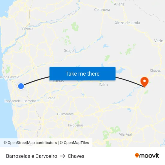 Barroselas e Carvoeiro to Chaves map
