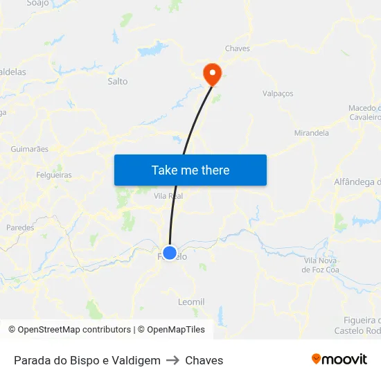 Parada do Bispo e Valdigem to Chaves map