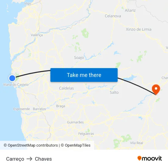 Carreço to Chaves map