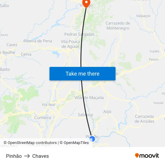 Pinhão to Chaves map