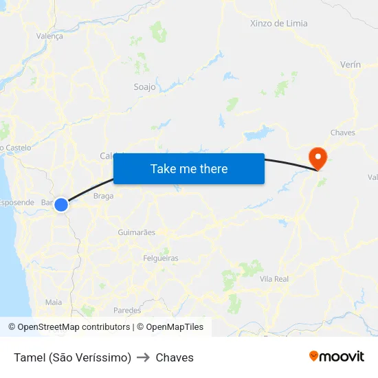 Tamel (São Veríssimo) to Chaves map
