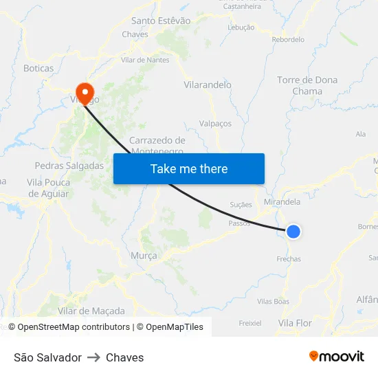 São Salvador to Chaves map