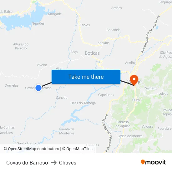 Covas do Barroso to Chaves map