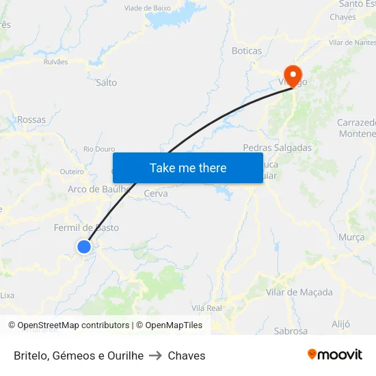 Britelo, Gémeos e Ourilhe to Chaves map