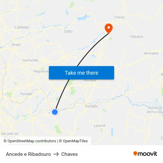 Ancede e Ribadouro to Chaves map