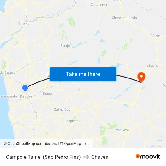 Campo e Tamel (São Pedro Fins) to Chaves map