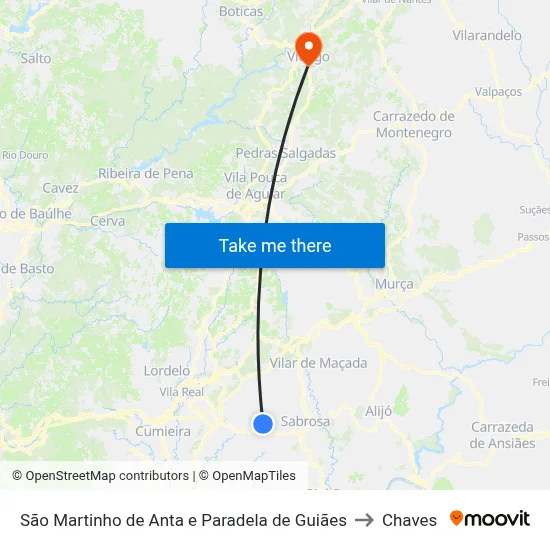 São Martinho de Anta e Paradela de Guiães to Chaves map