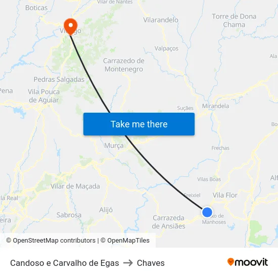 Candoso e Carvalho de Egas to Chaves map