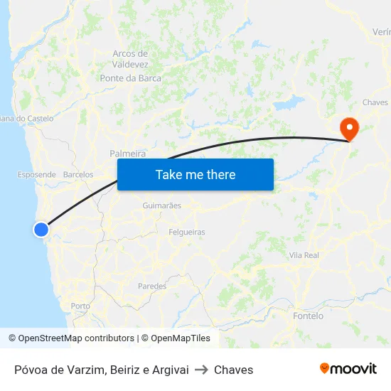 Póvoa de Varzim, Beiriz e Argivai to Chaves map