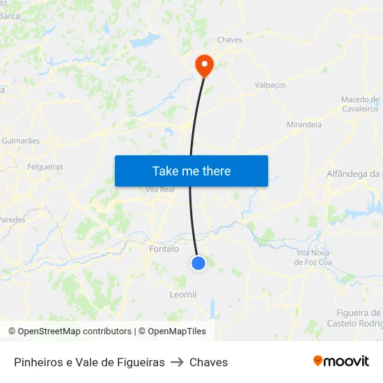 Pinheiros e Vale de Figueiras to Chaves map
