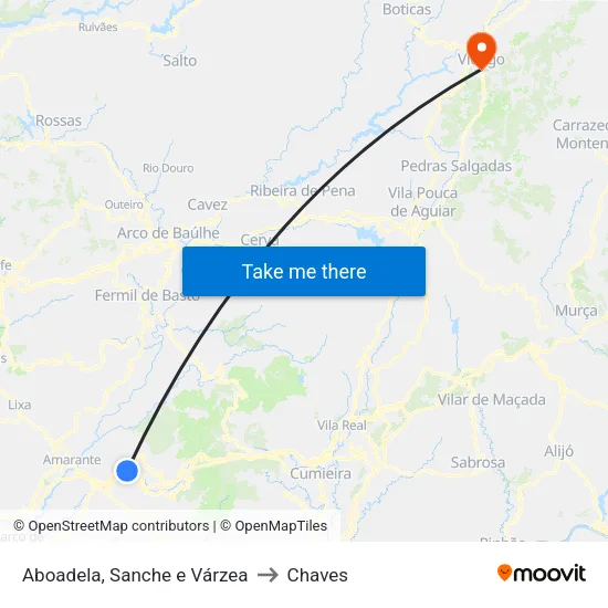 Aboadela, Sanche e Várzea to Chaves map