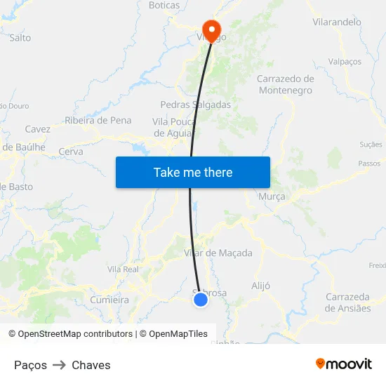 Paços to Chaves map