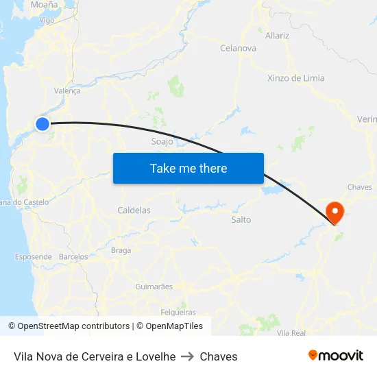 Vila Nova de Cerveira e Lovelhe to Chaves map