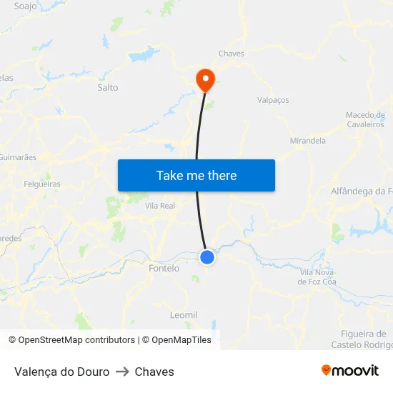 Valença do Douro to Chaves map