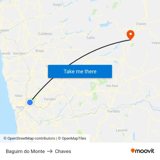 Baguim do Monte to Chaves map