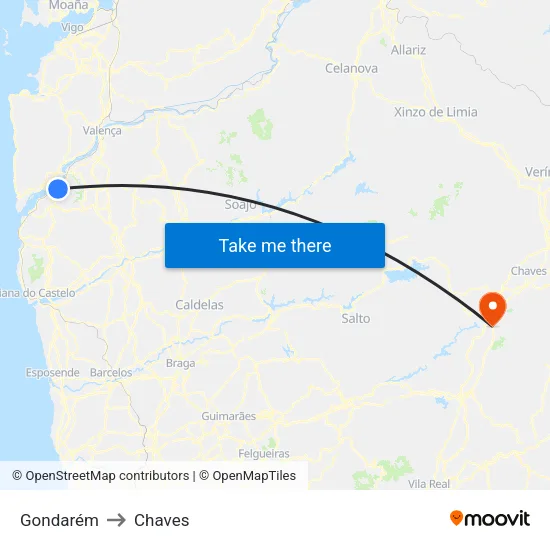 Gondarém to Chaves map