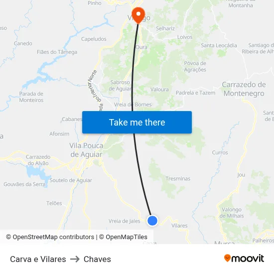 Carva e Vilares to Chaves map