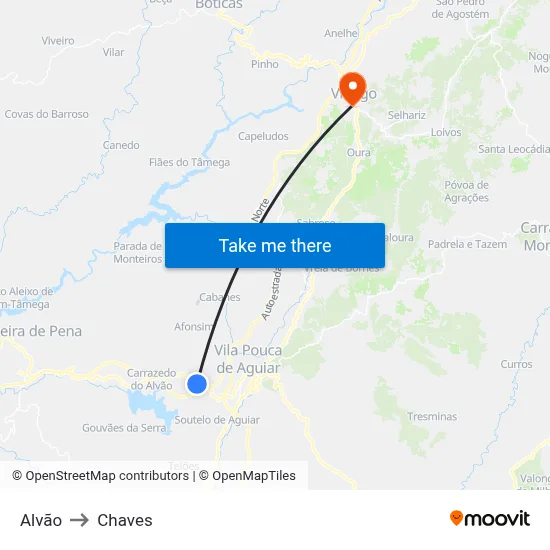 Alvão to Chaves map