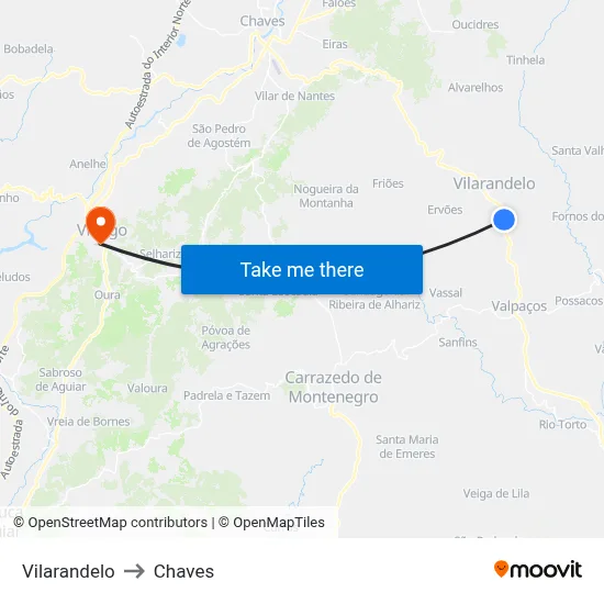 Vilarandelo to Chaves map