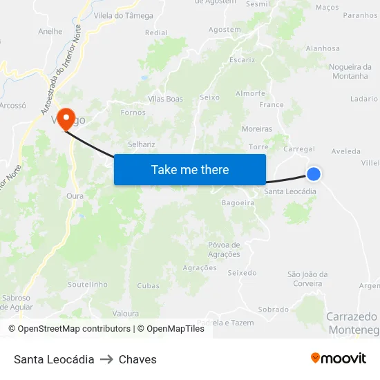Santa Leocádia to Chaves map
