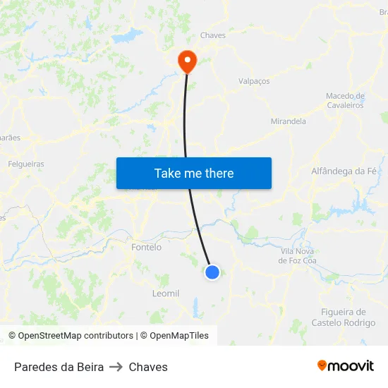 Paredes da Beira to Chaves map