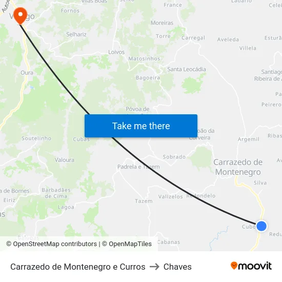 Carrazedo de Montenegro e Curros to Chaves map