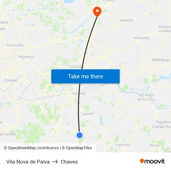 Vila Nova de Paiva to Chaves map