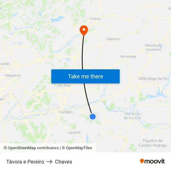 Távora e Pereiro to Chaves map