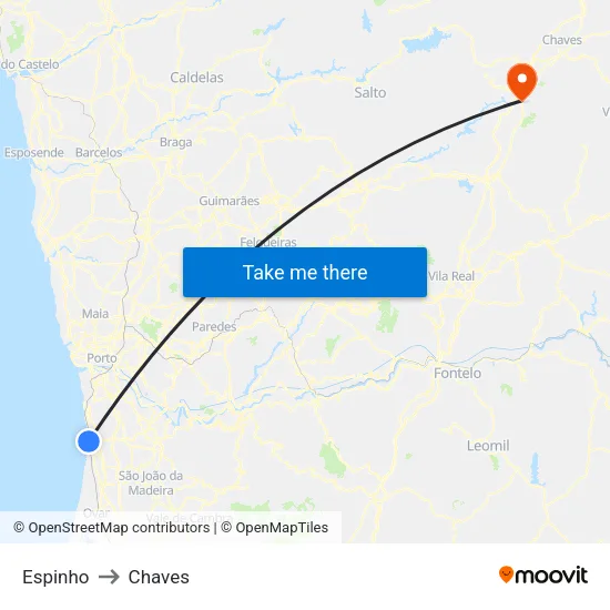 Espinho to Chaves map