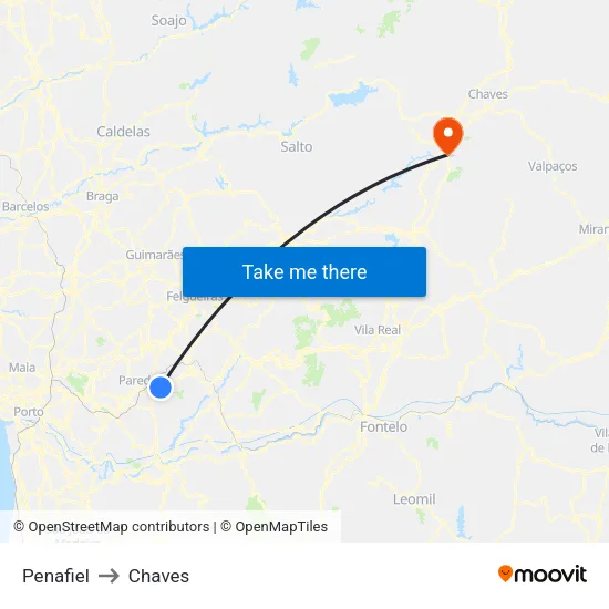Penafiel to Chaves map