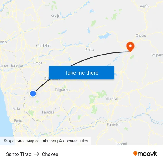 Santo Tirso to Chaves map