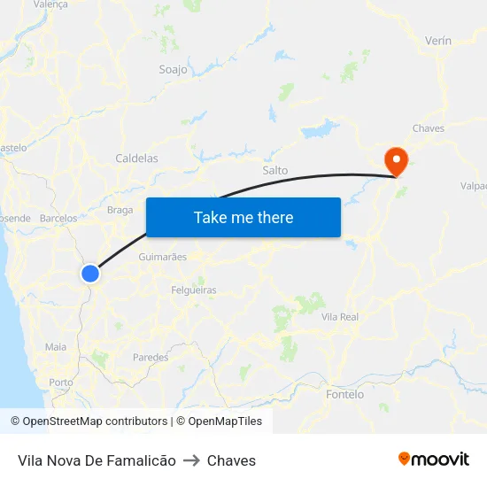 Vila Nova De Famalicão to Chaves map