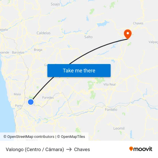 Valongo (Centro / Câmara) to Chaves map