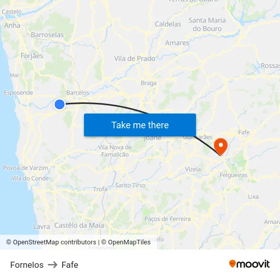 Fornelos to Fafe map