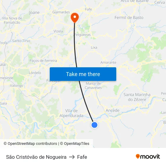 São Cristóvão de Nogueira to Fafe map